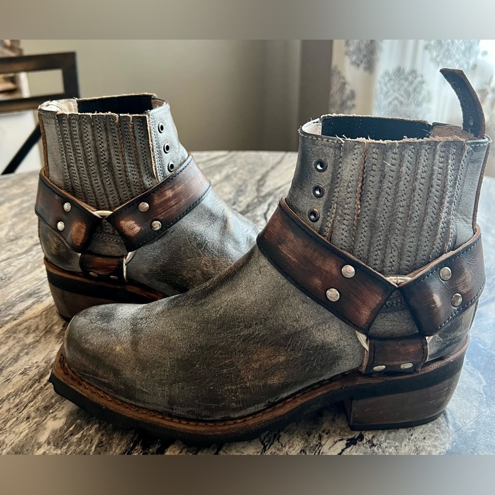 freebird Gray Distressed Leather Ankle Harness Booties
